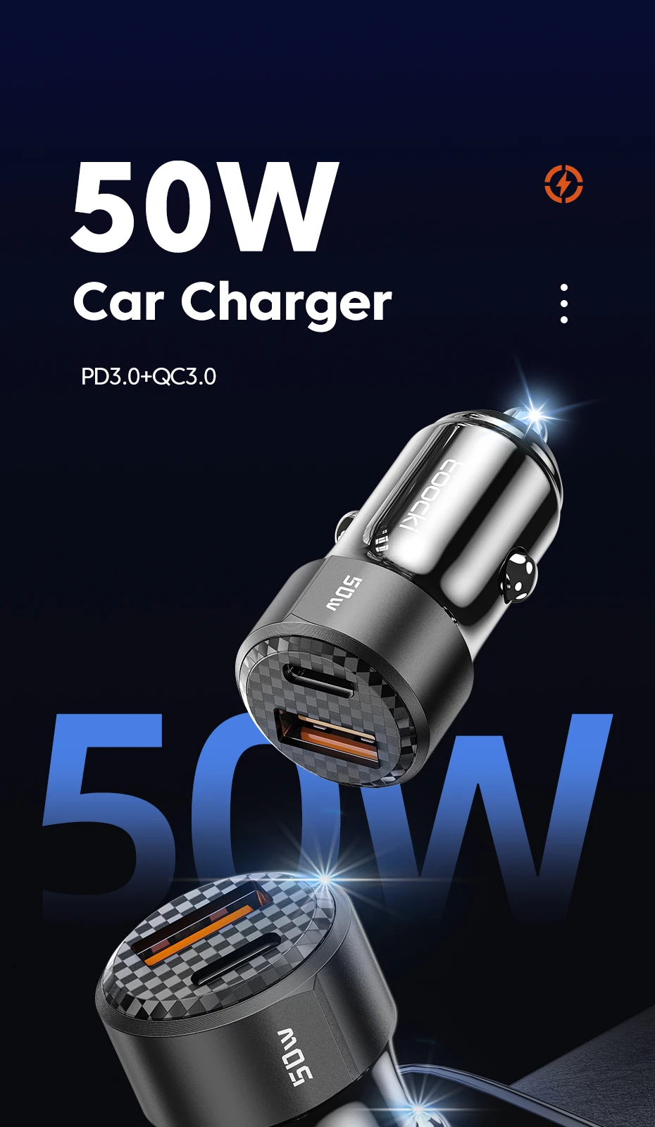 Toocki New Design 50w Universal Mobile Car Chargers Power A Type And