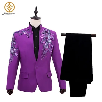 Studio men host performance suit set collar stage suit diamond feather singer purple performance suit