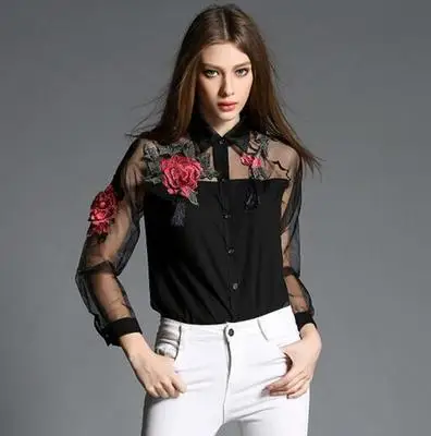 New Spring and Summer Blouse Blusa Embroidered Flowers Organza Long-sleeved White Shirt Black and White Women Tops Efu1022