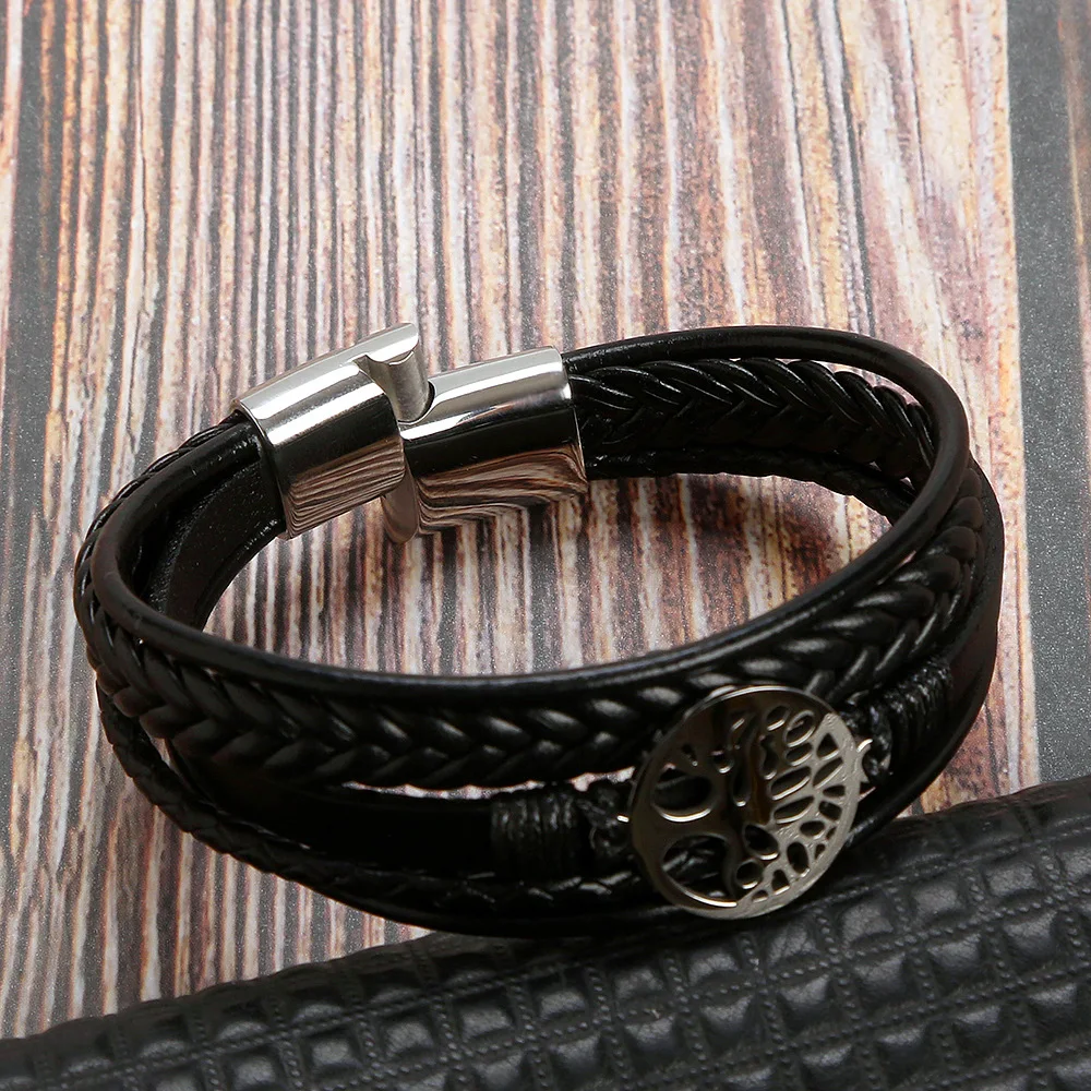 Tree of Life Stainless Steel Sign Bracelet Bangle Leather Briaided Magnet Clasps Friendship for Men Women Bracelet