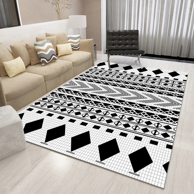 Modern Design Black White Grid Stripe Carpet Rug Abstract Pattern Printed Washable Rug for Living Room Bedroom
