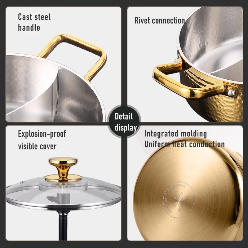 11.8 Inch Stainless Steel Divided Hot Pot With Lid & Utensils - Gold, For Induction & Gas