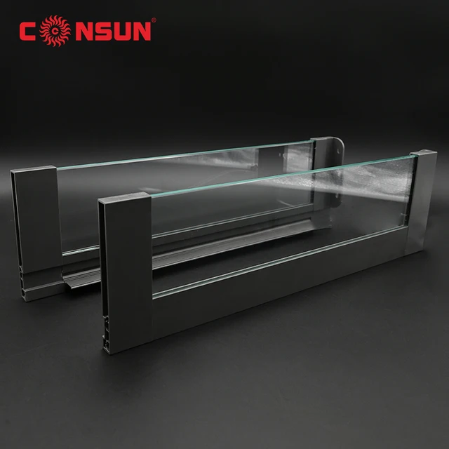 Home kitchen cabinet full extension adjustable soft close slim double wall drawer guide slide LED tandem system with glass