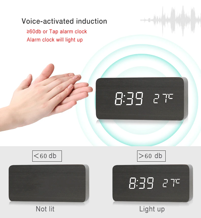 Custom Personalized Logo Led Digital Calendar Day Rectangle Multifunction Snooze Light Wooden Craft Alarm Clock