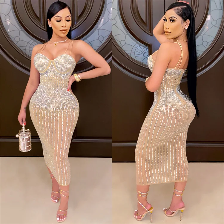 women diamond casual hip dress jsaierl Women's Hot Diamond Casual Sling Wrap Breast Mesh See-Through Long Dress Homecoming Dresses 2024