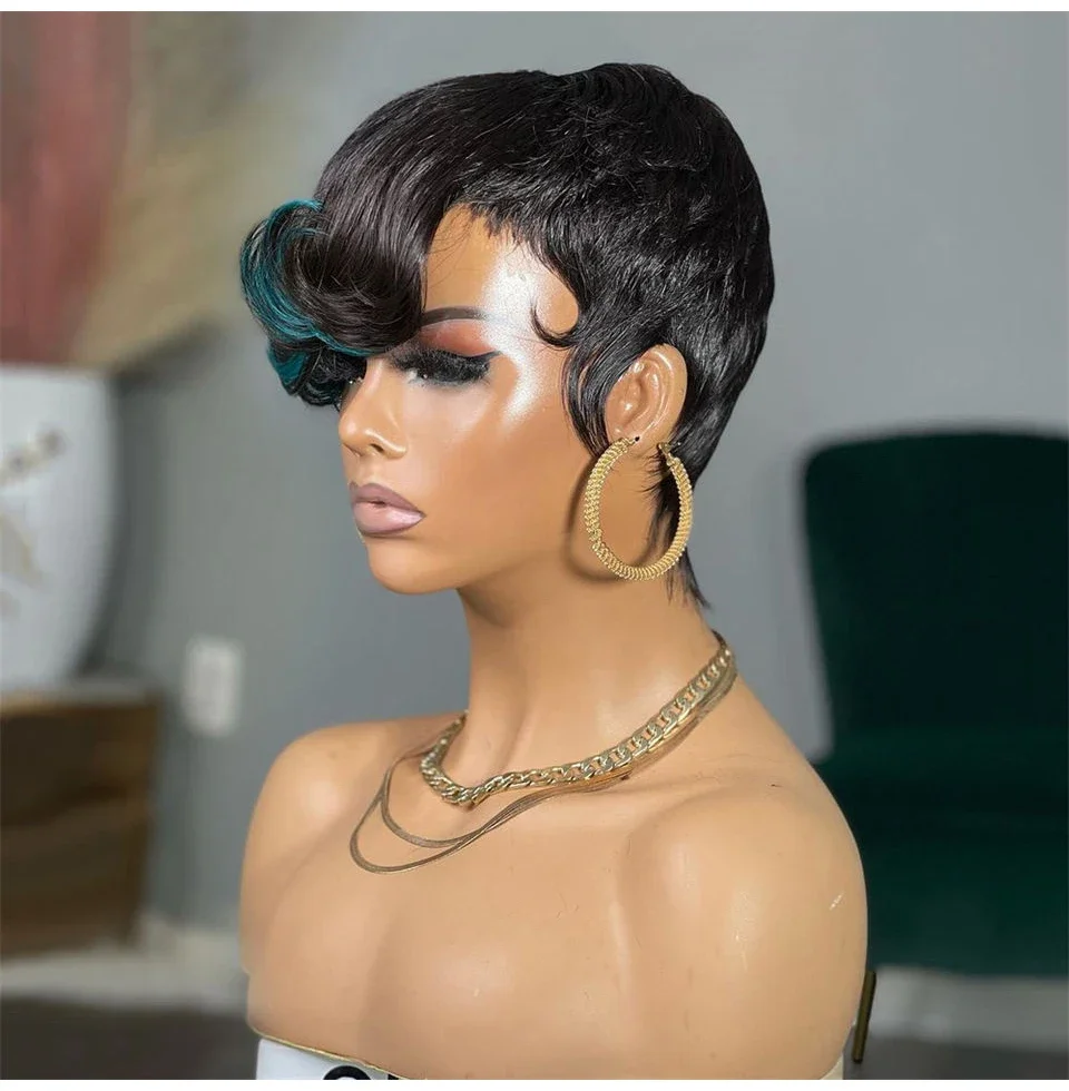Human Hair Pixie Cut Wig With Highlights Blonde Green Bob Style_voghion.com