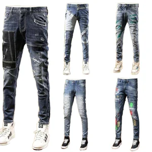 American Trend Brand Men's Splicing Jeans Luxe Senior Sense Vibe Long Pants Hip Hop Style for Summer and Winter