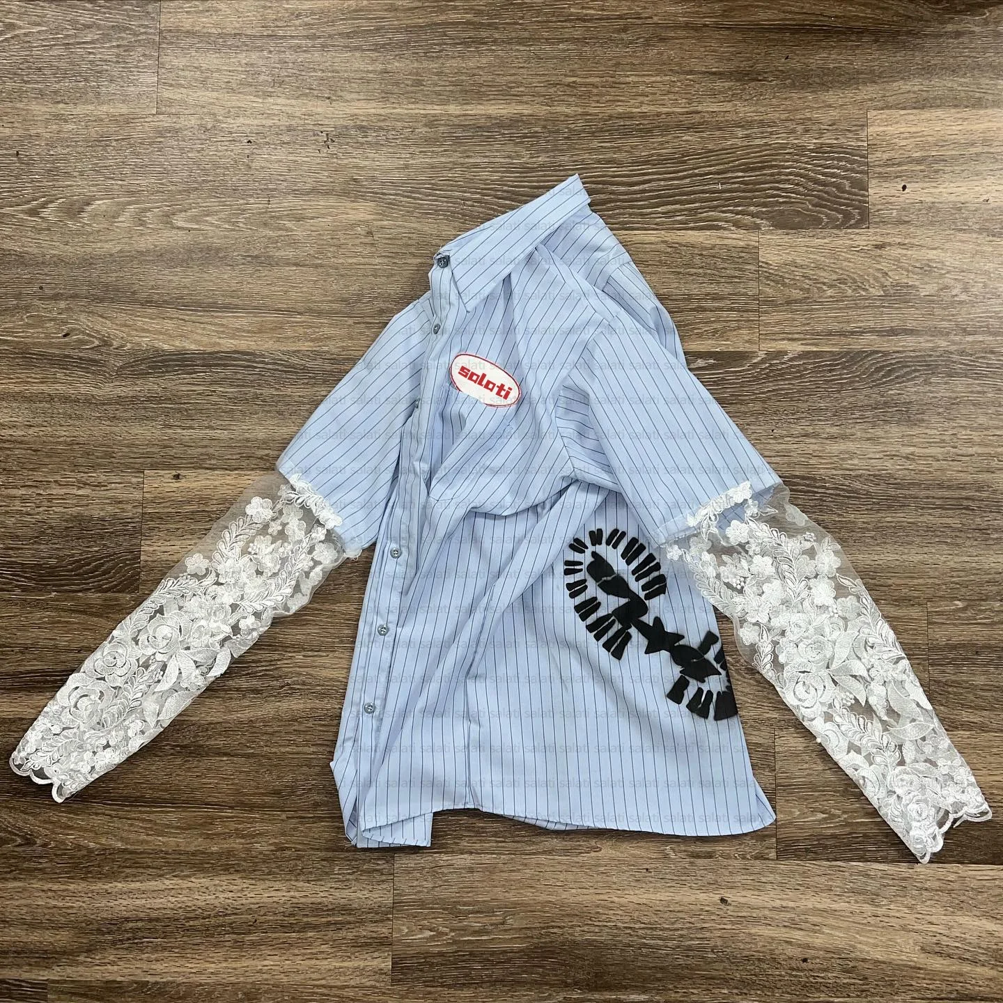 Custom Logo Collar Striped Button Down up Embroidered Tshirt Double Layer Lace Long Sleeve T-shirt Work Polo Dress Shirt for Men