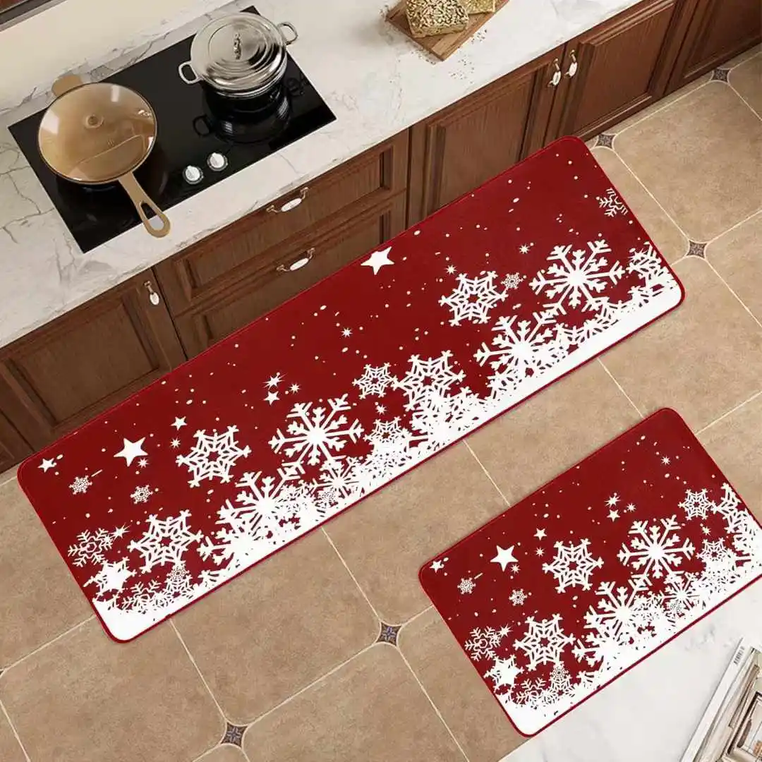 Red Merry Christmas Kitchen Rug Sets   Decorative Area TPR Backing Floor Doormat details