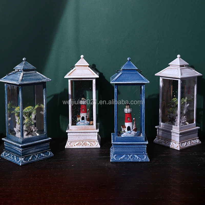 New resin lighthouse design and decorative wind lamp, unique rotating water-light snow globe
