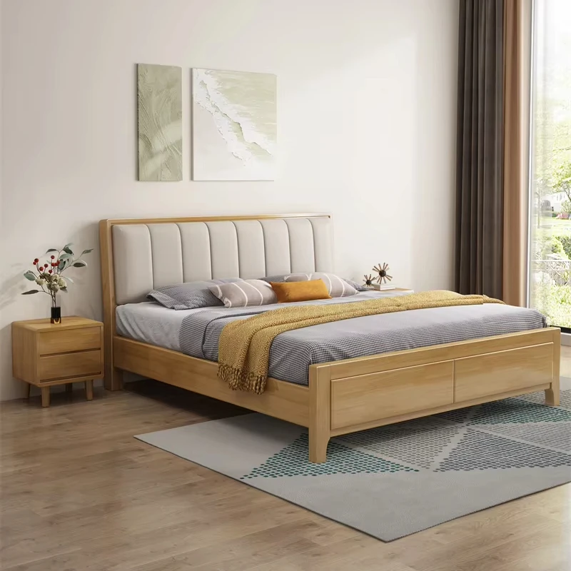 Low Price Nordic Wood King Size Bed with Soft Headboard Durable