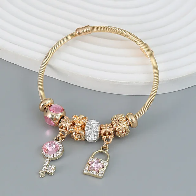 High quality gold plated stainless steel pink crystal lock and key charm bracelet adjustable pendant bangle bracelet for women