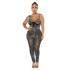 See Through Off Shoulder Jumpsuit Party Night Club Dance Leotard Performance Bodycon Mesh One Piece Jumpsuits Women