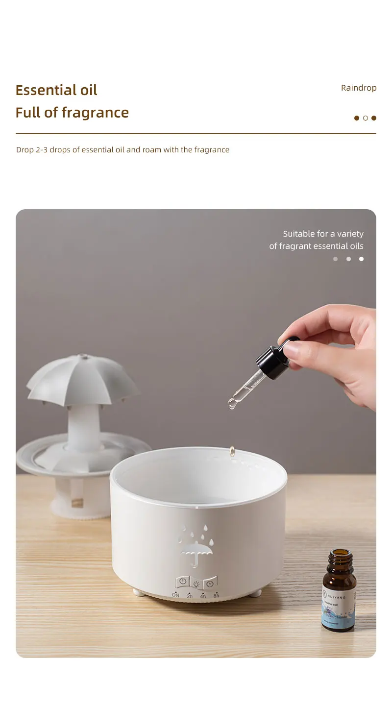 Seven Color Lighting Rotating Aroma Diffuser Essential Oil Aromatherapy Raindrop Air Humidifier with Umbrella for Household