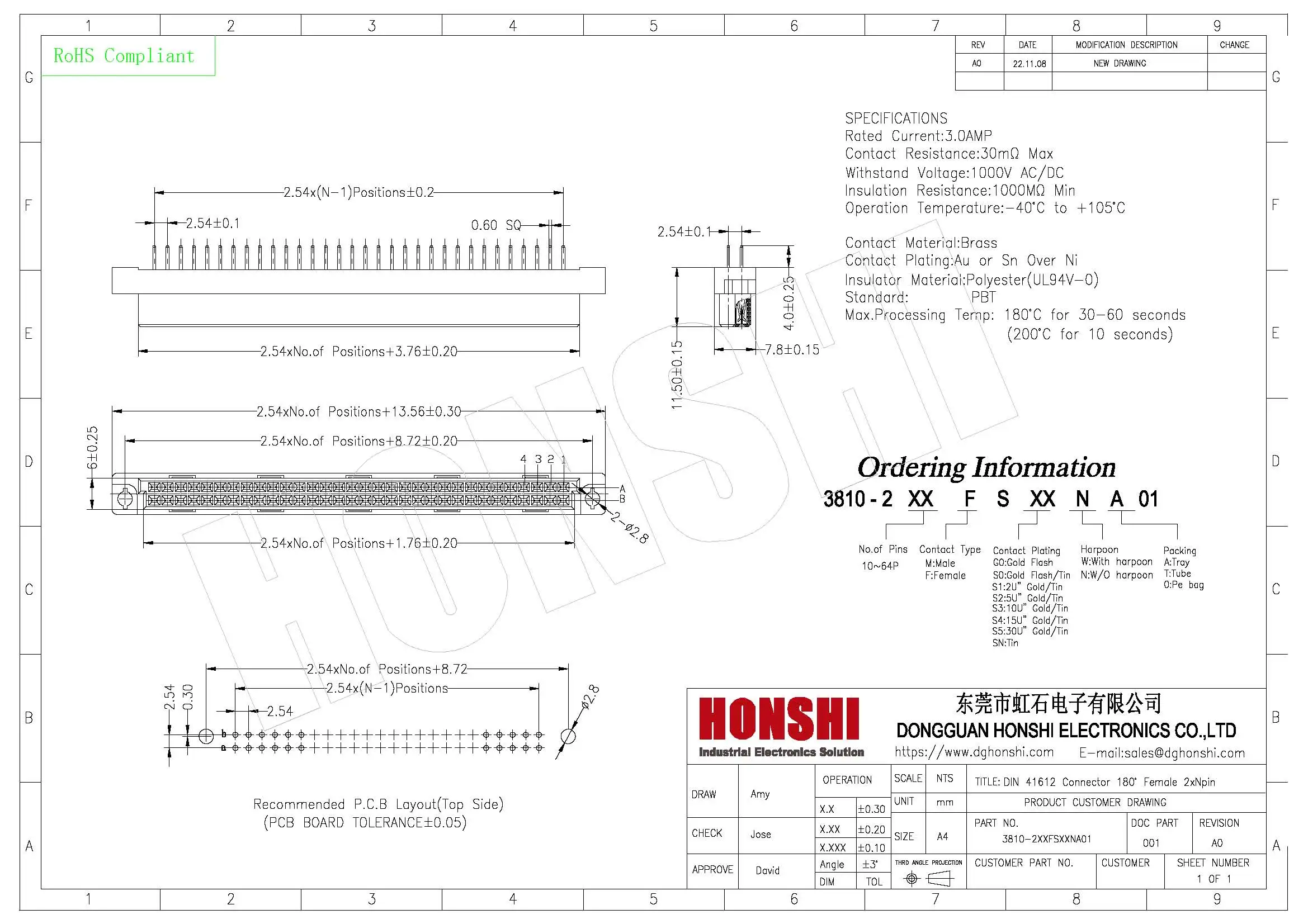 Din41612 Connector 32pin Right Angle Female Pins Through Hole 2 Rows ...