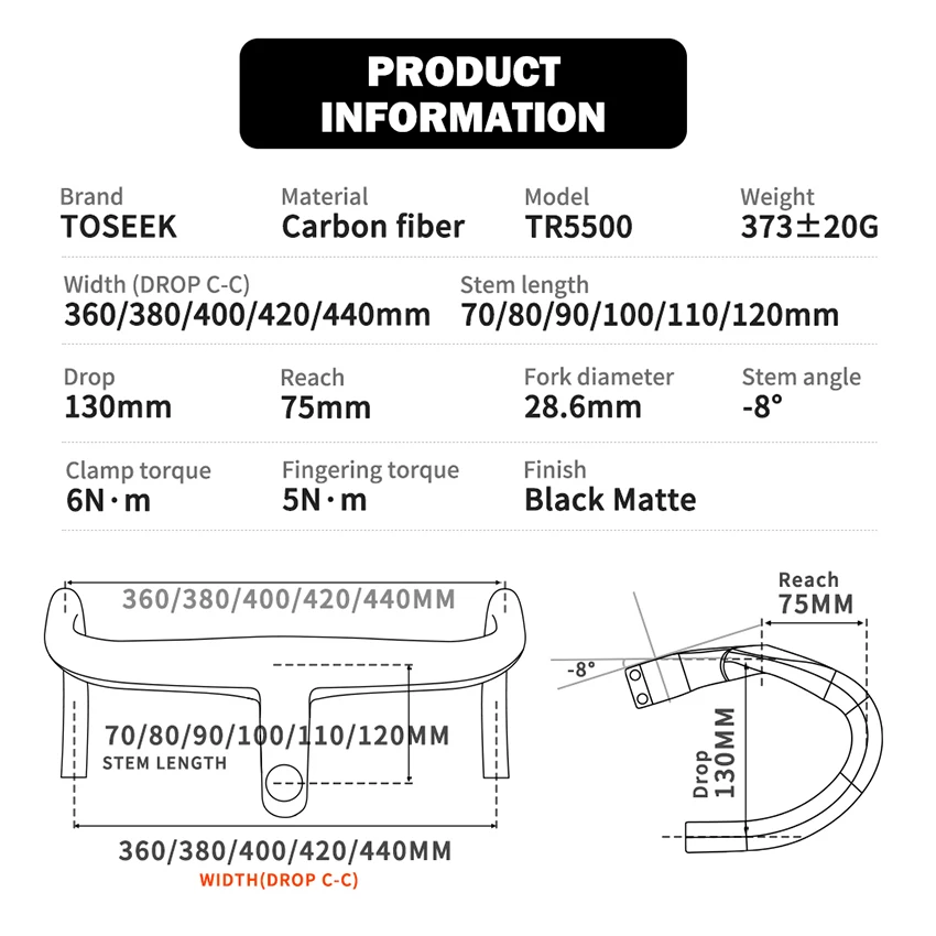 Cintre Vélo Route Carbone Tooseek TR5500 - Largeur 400 Mm, Potence 90 Mm, Neuf
