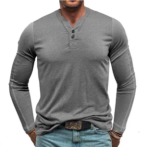 2026 Henry T-Shirt for Men European American Style Transnational Cotton Mixed Polyester Long-sleeved Leisurewear Solid Pattern