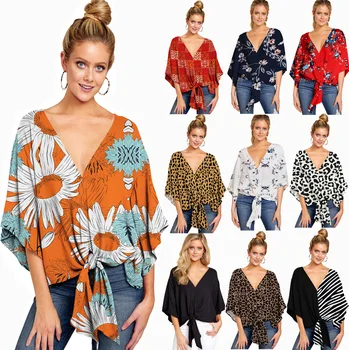 Summer Casual Blouse Women Clothes V-neck 3/4 Sleeve Floral Print Streetwear Shirts Womens And Blouses Plus Size Tops