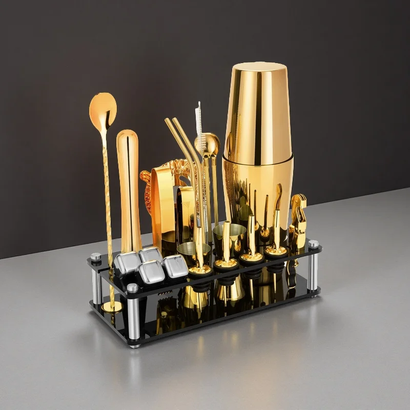 High Quality Stainless Steel Cocktail Shaker Set 550/750ml Capacity Reusable Gold Tone Food Safe Bartender Equipment Kit with Custom Logo