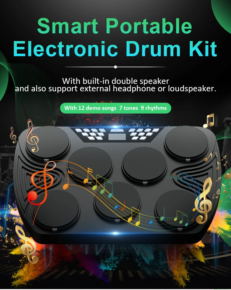 7 Pad Digital Electronic Drum Kit Portable Electric Tabletop Drum Pad ...
