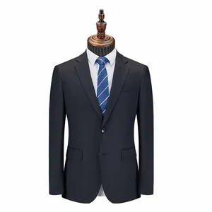 Huiju Qida Men's Slim Fit Business Suit Navy Blue Serge Fabric Anti-Wrinkle Breathable Jacket Pants Single Breasted V-Neck