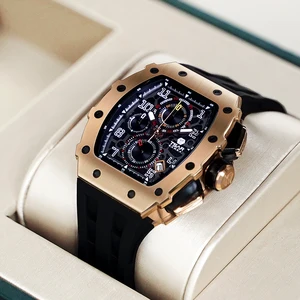 Luxury Men's Watch with Seiko Japanese Quartz Movement 50M Waterproof Tonneau Case Silicone Band for Fashion or Business