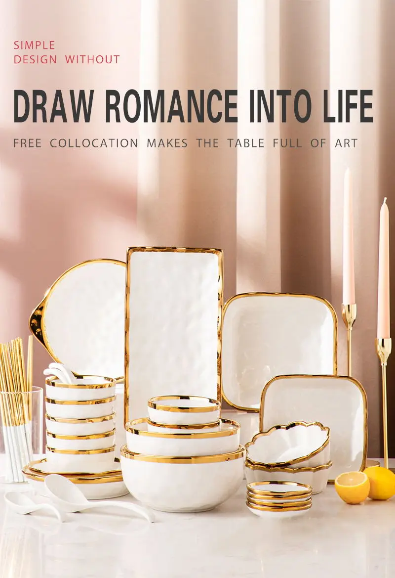 Nordic Style Luxury Fine Ceramic Tableware Dishes & Plates Bowls Gold