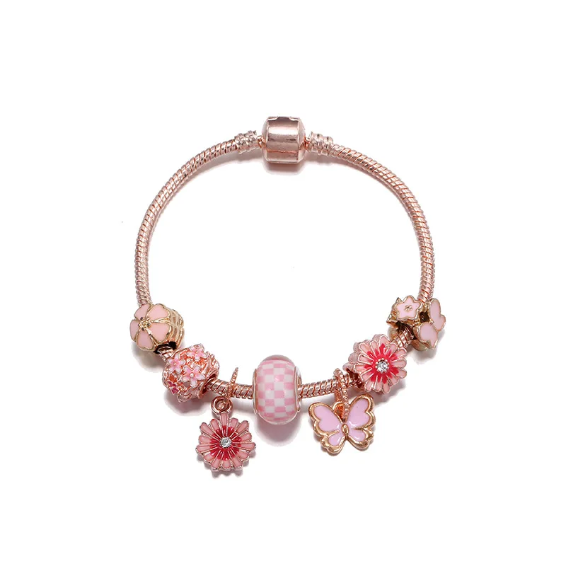 Sweet Pink Daisy Flower And Butterfly Charms Bracelet Women Copper Dainty Bracelet Bangles For Women