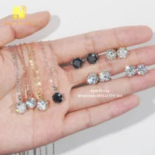 Trendy Women Wedding Jewelry Set 8mm Solitaire Moissanite Necklace 7.5mm Black/D Color Moissanite Earrings