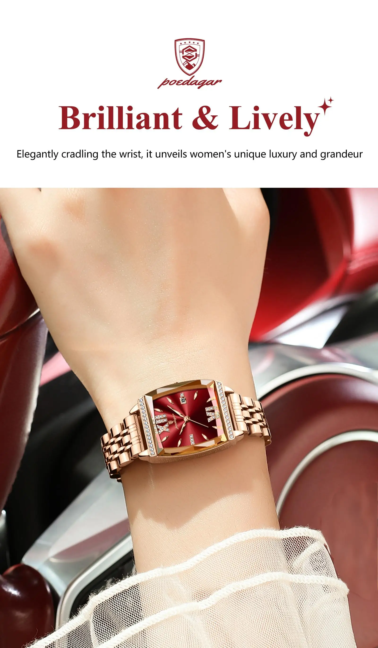 POEDAGAR 795 Tonneau Dial Women Fashion Watch Rose Gold Luxury Quartz Stainless Steel Strap Watches 30M Waterproof Diamond Clock