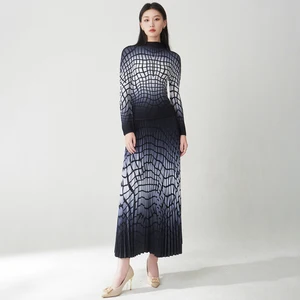 Fast Shipping Miyake Pleated Set Designer Long Sleeve Top and Skirt Set Print Casual Women's Elegant Set