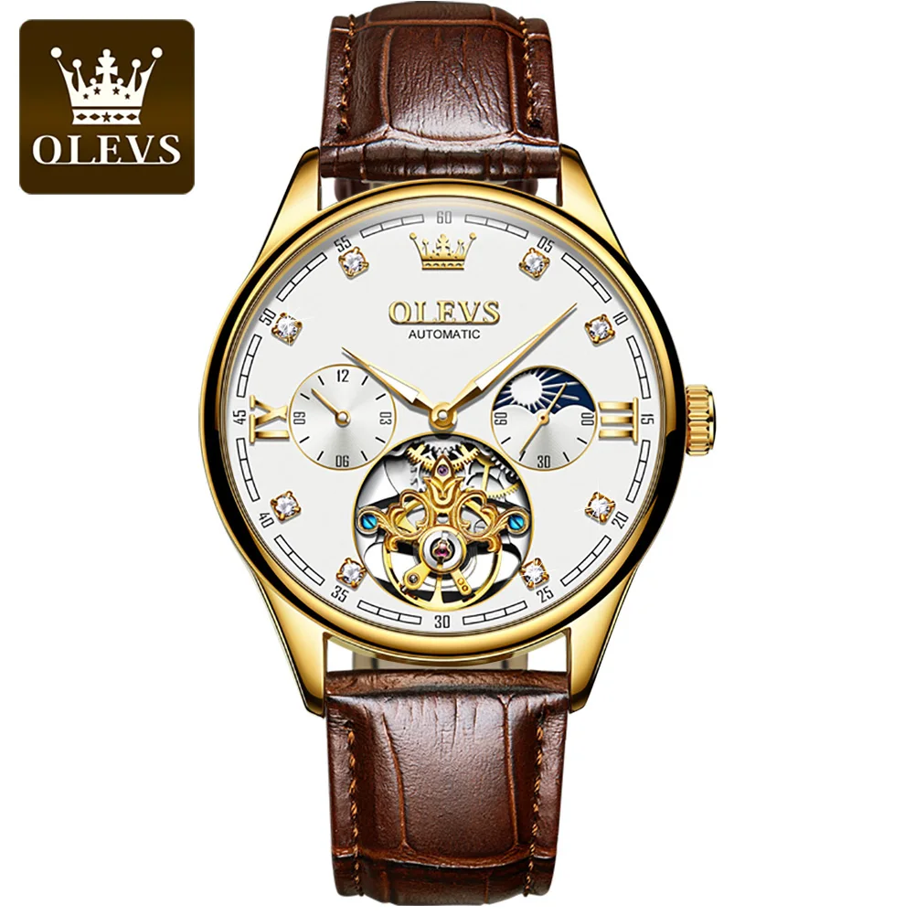 Olevs 3601 Tourbillon Squelette De Luxe D'affaires Phase De Lune