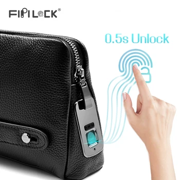 FIPILOCK Latest custom men business briefcase bags genuine zipper leather bags purse Leather Fingerprint Lock Handbag Clutch Bag
