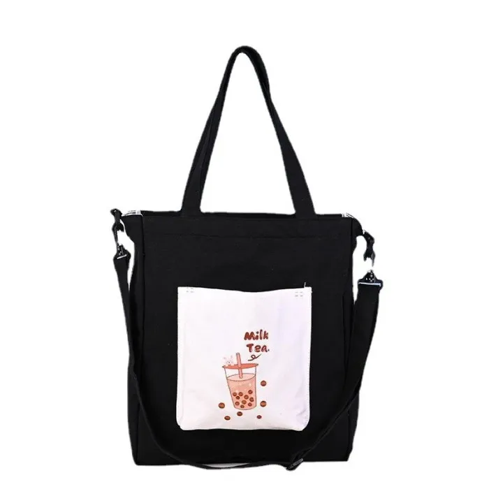 Custom Logo Printed Black Canvas Bag With Handle Black Canvas Bag With
