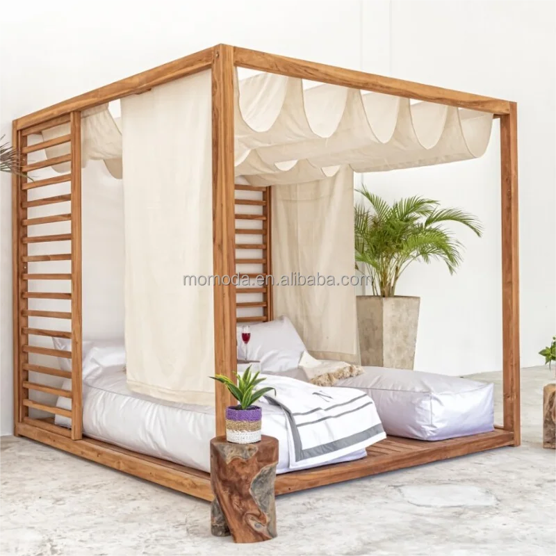 Luxury Modern Style Poolside square Chaise Sunbed Canopy Outdoor Teak Wood Daybed With Curtains