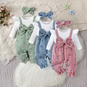 For Cross-border European American Baby Girl Autumn New Cotton Long Climb Pit Strip Long Sleeve Bow Strap Printed Trousers