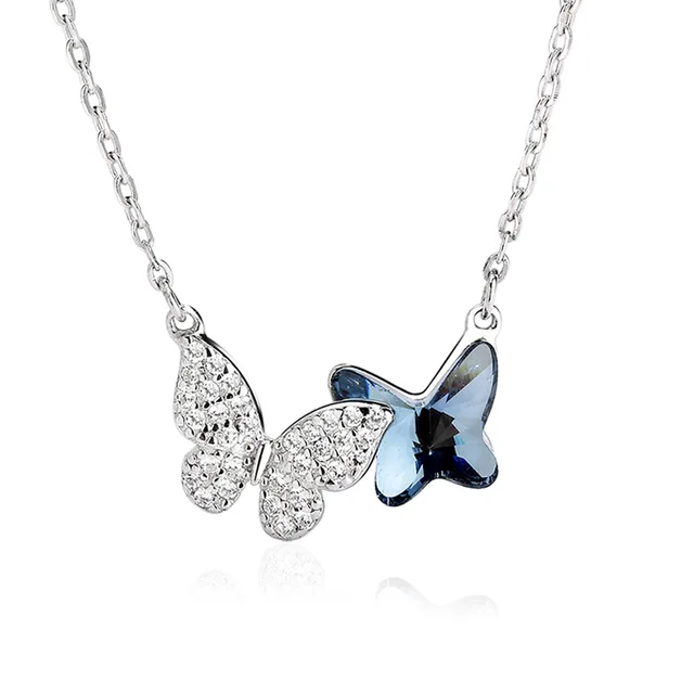 Luxury 925 Sterling Silver Austria Crystal Butterfly Necklace Double Butterfly Necklace Choker for Women