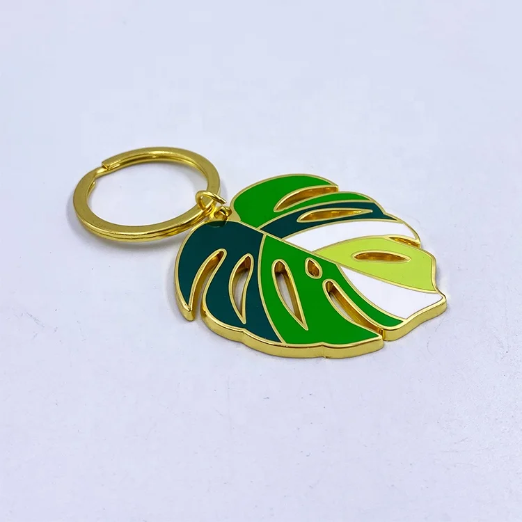 product nature green metal leaf key ring gold hard enamel monstera leaf keychain-2
