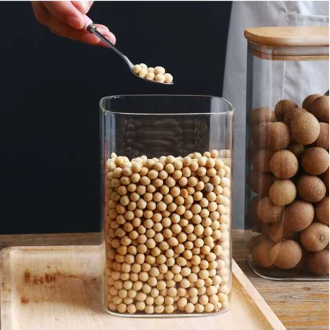 Square Full Sizes High Borosilicate Glass Storage Jar With Bamboo Lid ...
