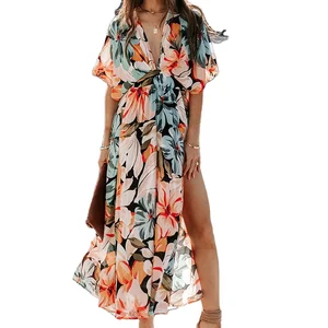 Women's New Summer Floral Print Dress High Waist Split Design Digital Printing Eco-Friendly Chiffon Fabric Draped Decoration