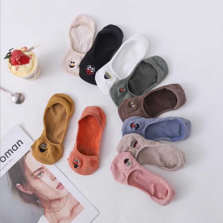 HF Spring new women socks cotton shallow mouth invisible ten-color funny embroidery Sesame Street socks