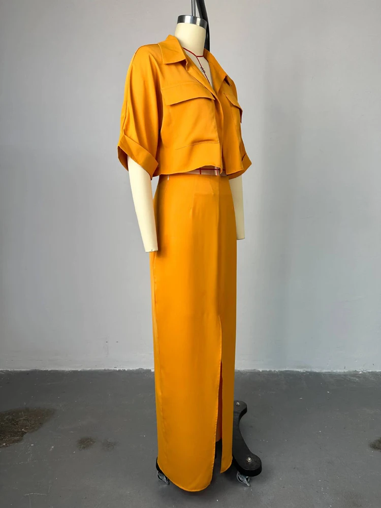 Latest Design Skirt Set Polo Collar Short Shirt Top and Long Split Skirt Set 2 Two Piece Summer Outfits for Women 2024 Elegant