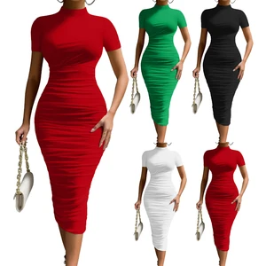 New Style Ladies Clothing Short Sleeve High Neck Ruched Midi Short Bodycon Club Dress for Women Sexy