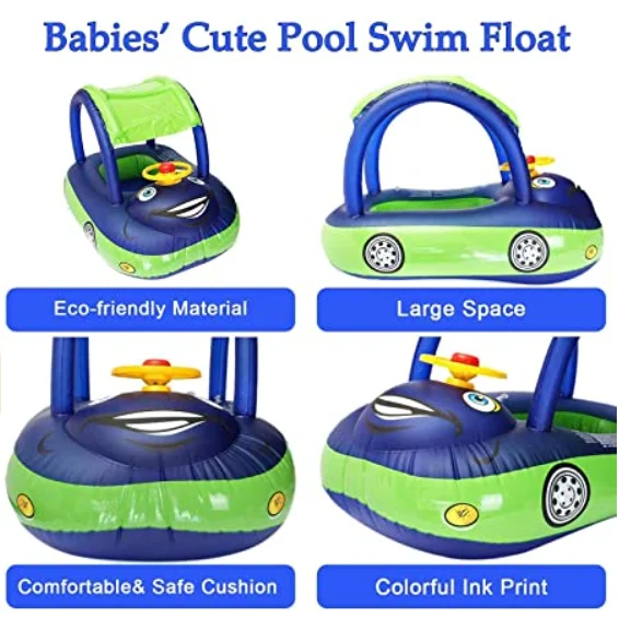 Inflatable Pool Float with Canopy, Car Shaped Babies Swim Float Boat with Sunshade Safty Seat for Toddler Infant Swim Ring Pool