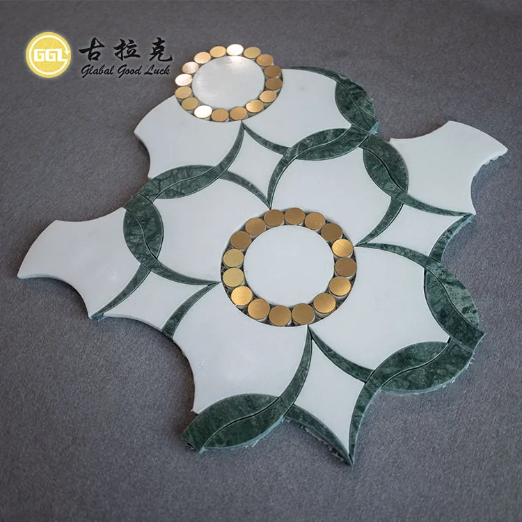 Flower pattern marble mosaic pure white and green marble chips inlaid with gold dots waterjet tile