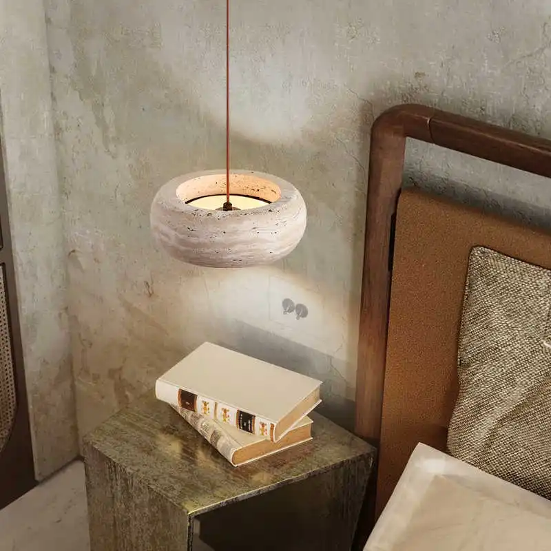 Wabi-sabi Vintage Natural Round Travertine Led Pendant Light for Bedroom Hallway Dinner Table