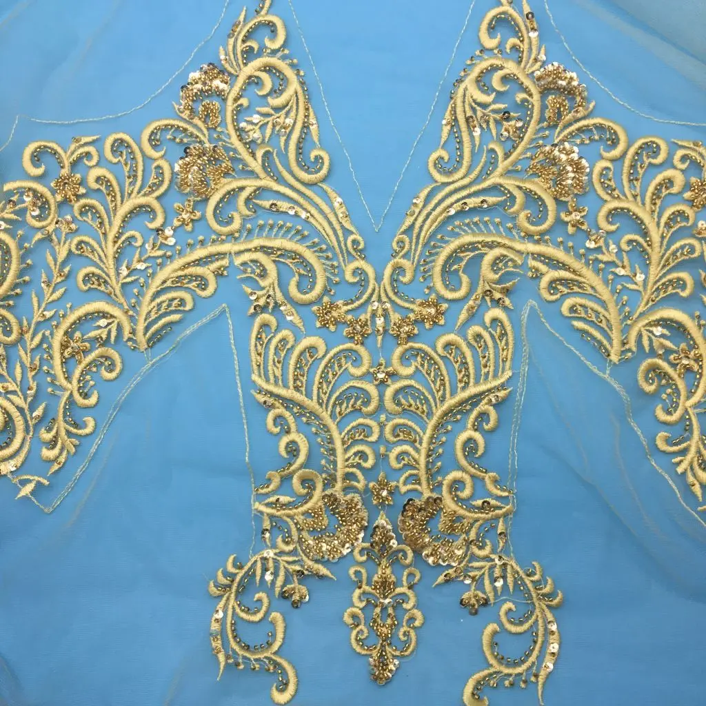 Whole Set Heavy Stone Gold Work Bridal Lace Applique for Wedding Dress