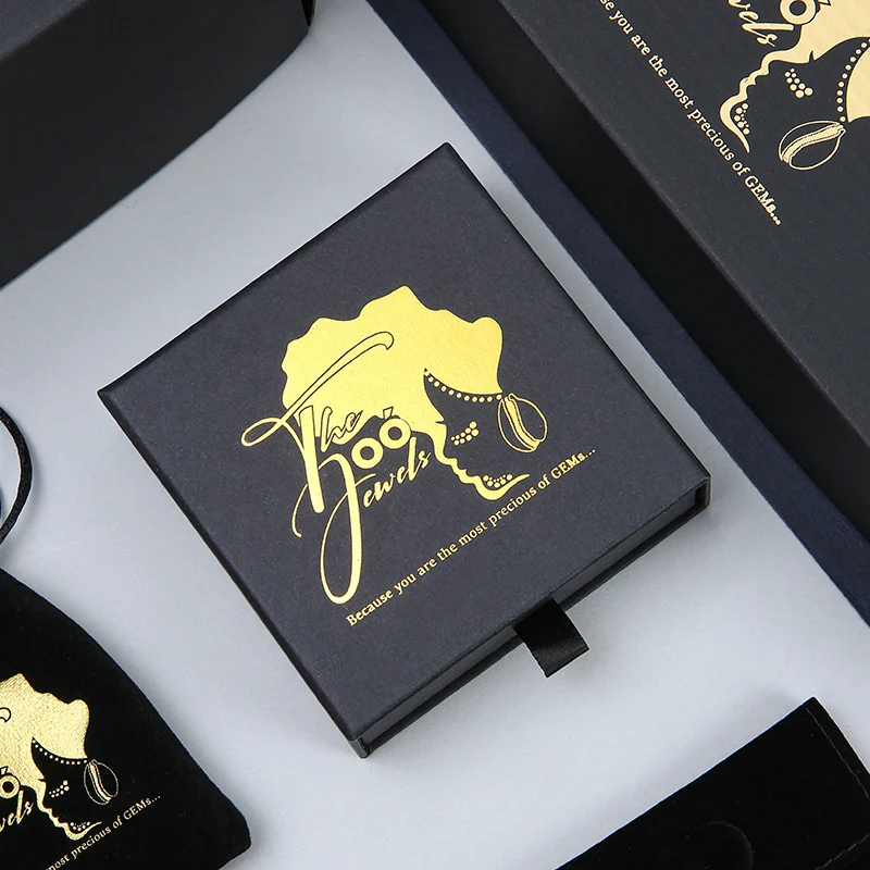 A1 Premium Black Ring Necklace Cardboard Jewelry Gift Box with Wood Lining Custom Size OEM Jewelry Box Organizer Bag details