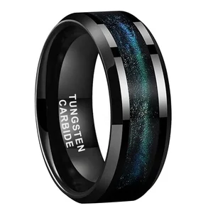8mm Mens Womens Fashion Wedding Bands for Men Women Beveled Polished Blue Green Flowing Sand Inlay Black Tungsten Carbide Ring