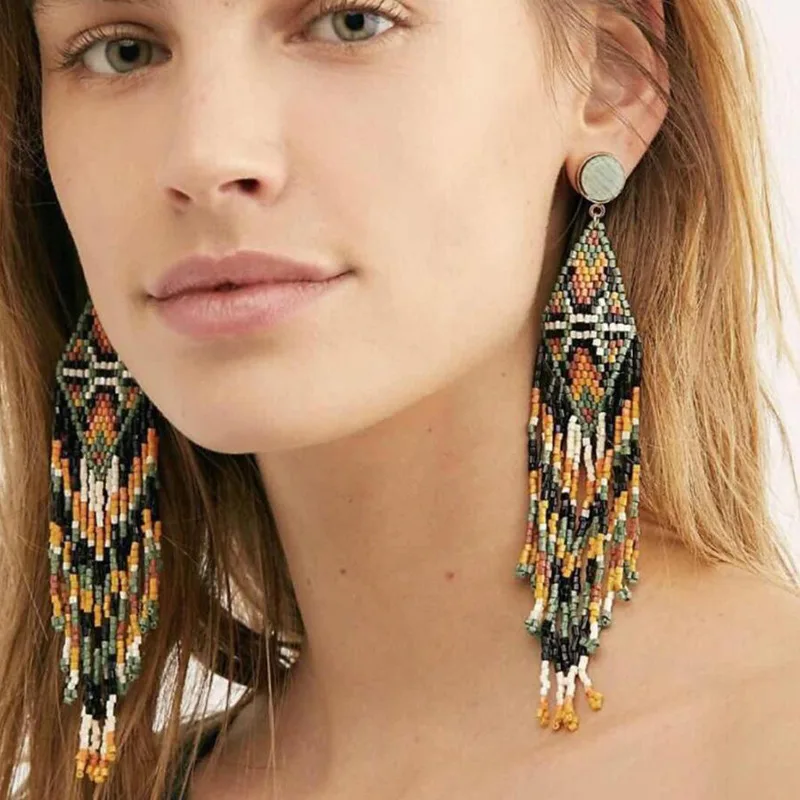 Details about   Ethnic earrings handmade beaded colorful rice beads bohemian tassel earrings 